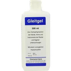 Eine Flasche Gleitgel für medizinische Untersuchungen mit blau-weißem Etikett.