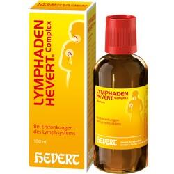Braune Flasche und gelbe Verpackung mit "Lymphaden Hevert Complex" und rotem Deckel.