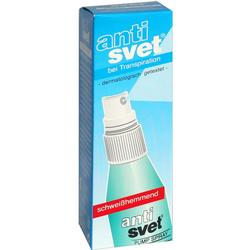 Blaue Verpackung eines Antitranspirant-Sprays mit der Aufschrift "schweißhemmend".