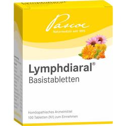 Die Packung zeigt gelbe Lymphdiaral-Tabletten von Pascoe mit Blumenmuster.