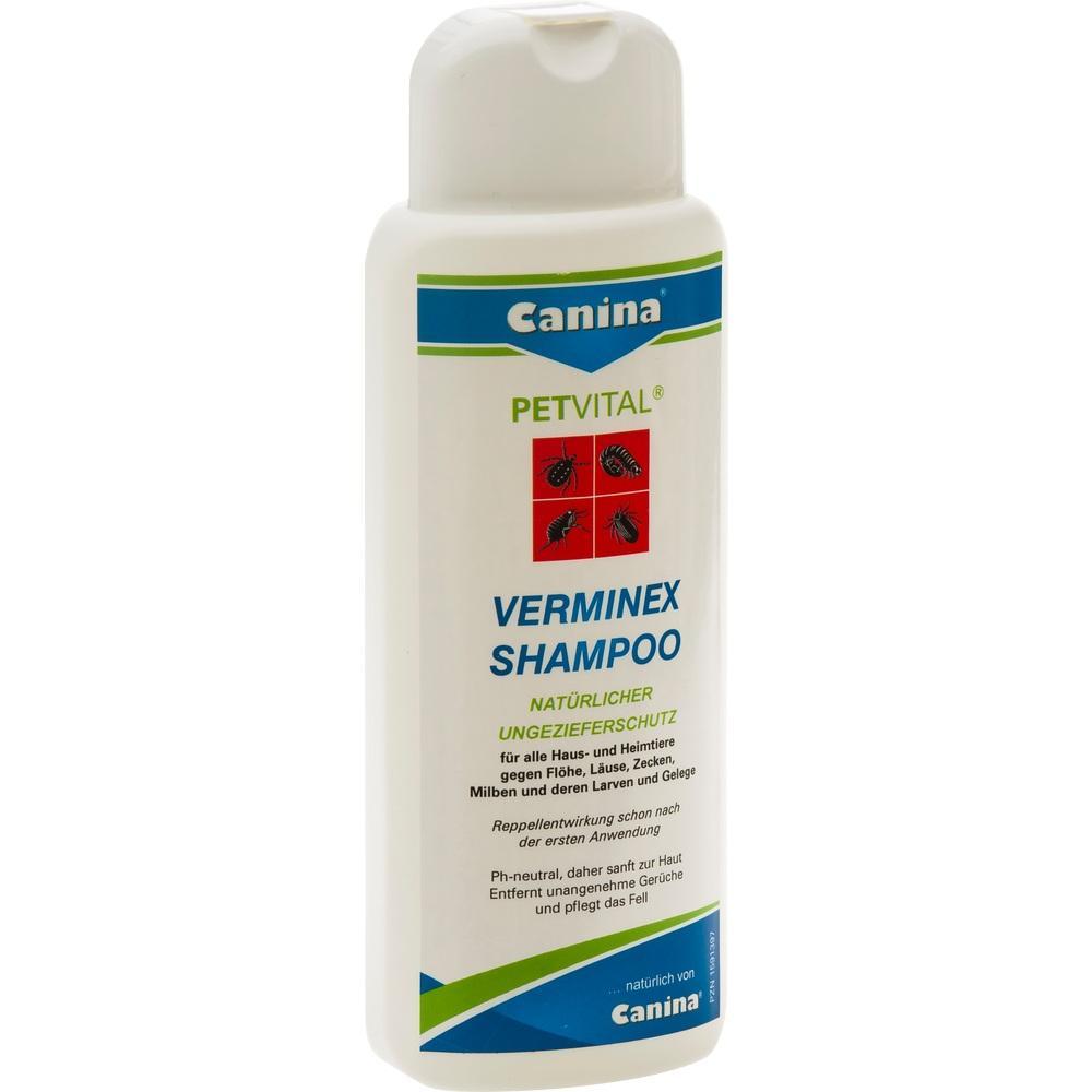 Weiße Flasche mit Tier-Shampoo gegen Ungeziefer, Marke Canina Verminex.