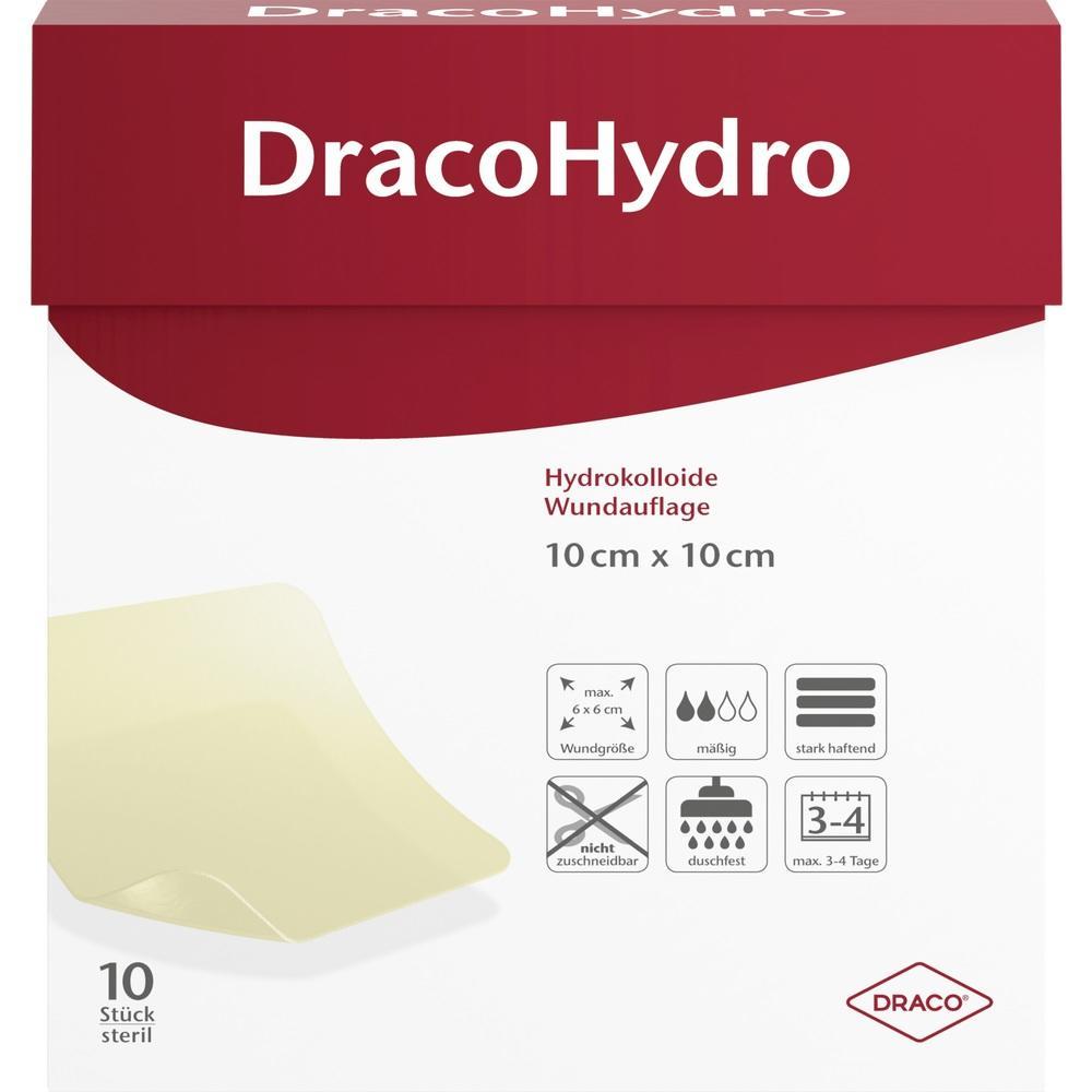 Die Verpackung zeigt 10 x 10 cm große, sterile Wundauflagen von DracoHydro.