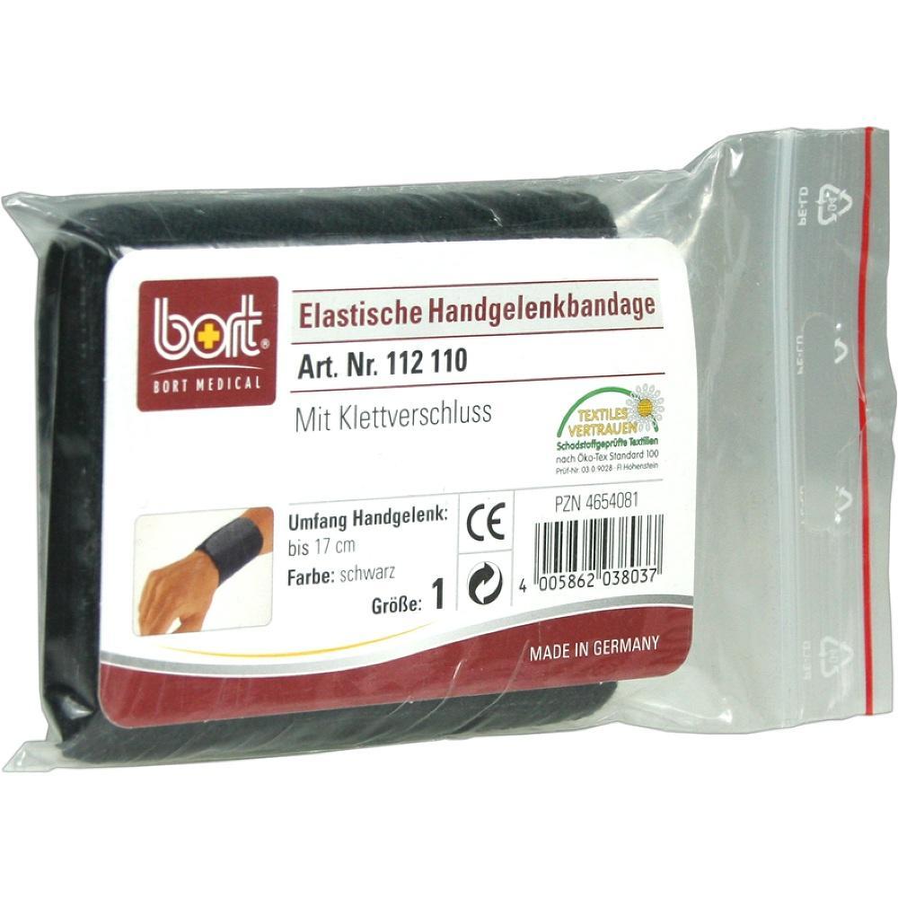 Verpackung einer elastischen Handgelenkbandage mit Klettverschluss in Schwarz.