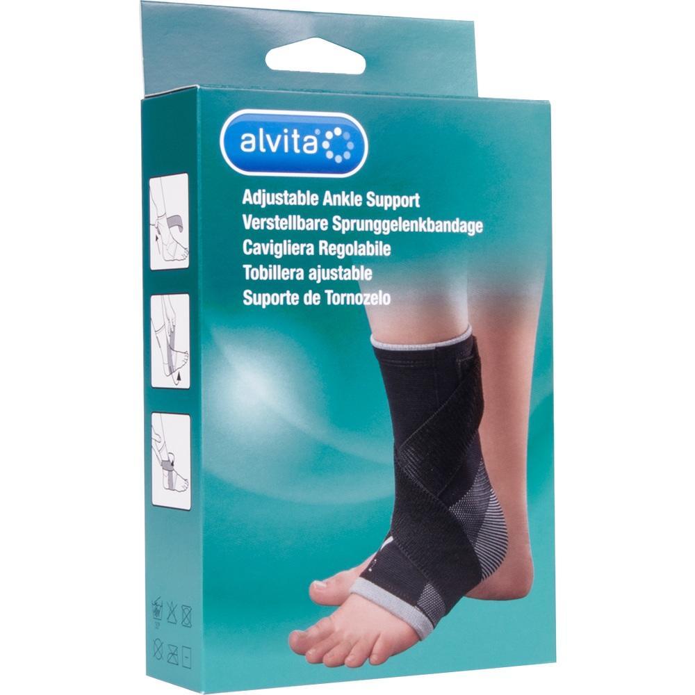 Verpackung einer schwarzen, verstellbaren Sprunggelenkbandage von Alvita.