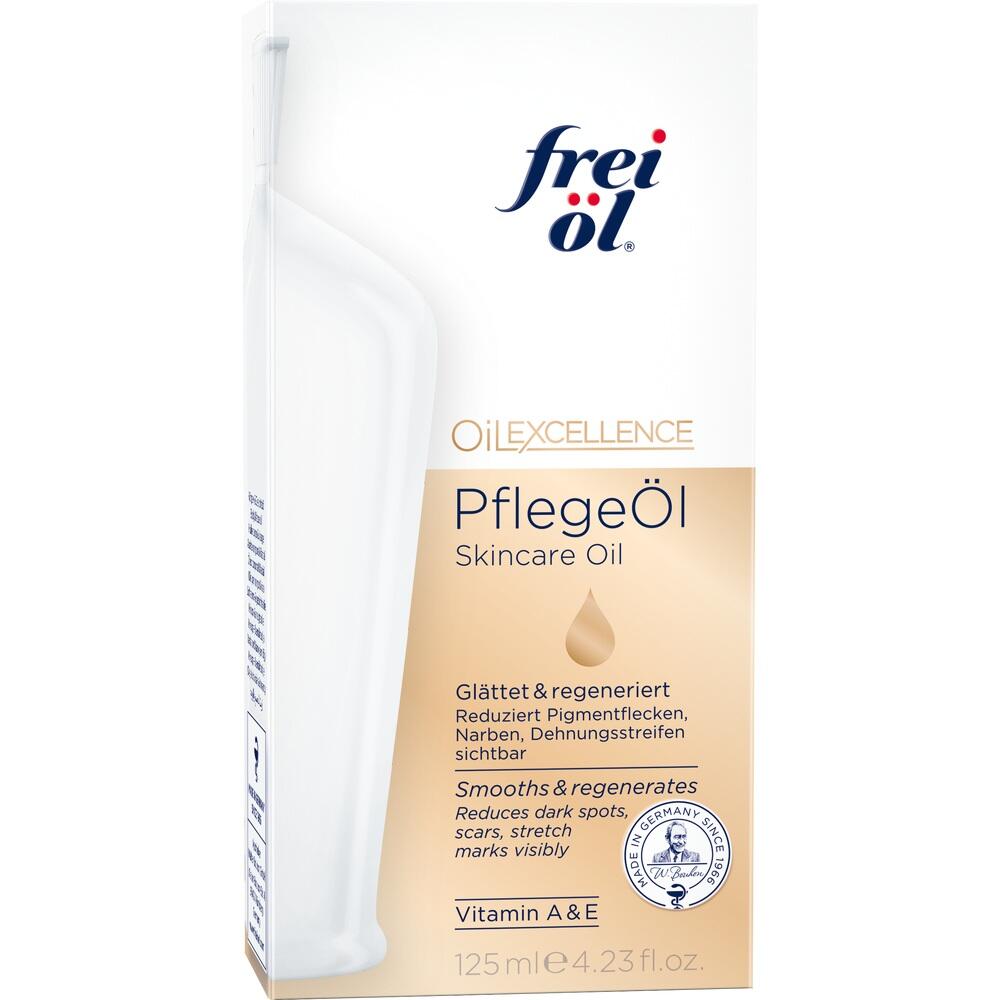 Auf der Verpackung steht "Pflegeöl" für die Haut mit Vitaminen A und E.