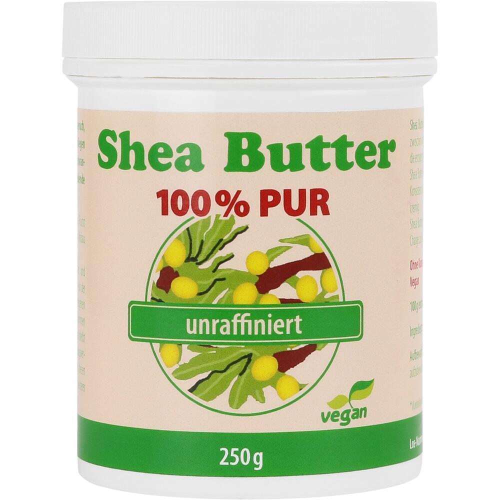 Eine weiße Dose mit der Aufschrift "Shea Butter 100% PUR, unraffiniert, vegan".