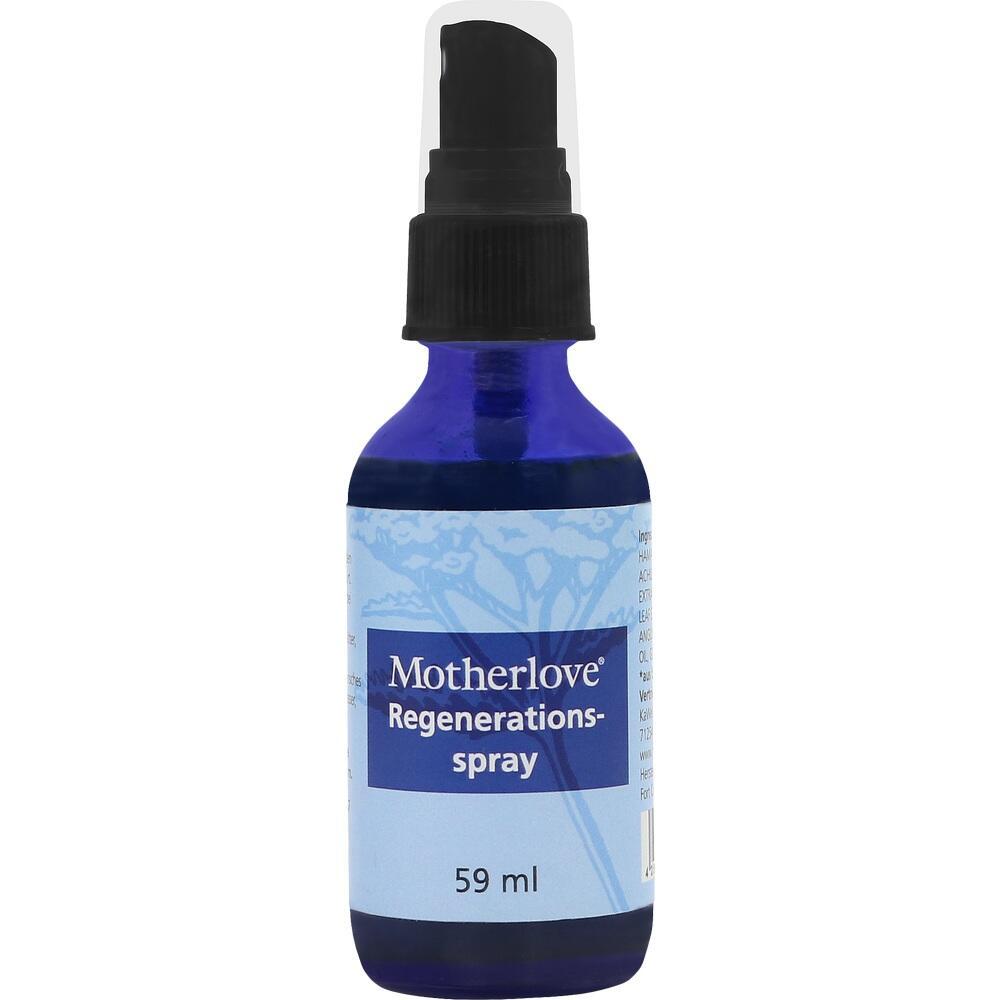 Blaue Flasche mit schwarzem Sprühkopf, Etikett: "Motherlove Regenerationsspray, 59 ml".