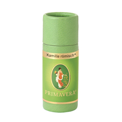 Grüne Flasche mit der Aufschrift "Kamille römisch PRIMAVERA".