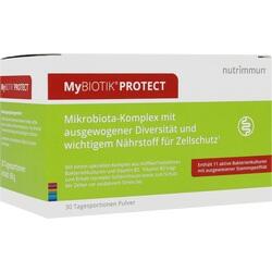 Grüne Verpackung von MyBiotik Protect mit Mikrobenkomplex für Zellschutz.